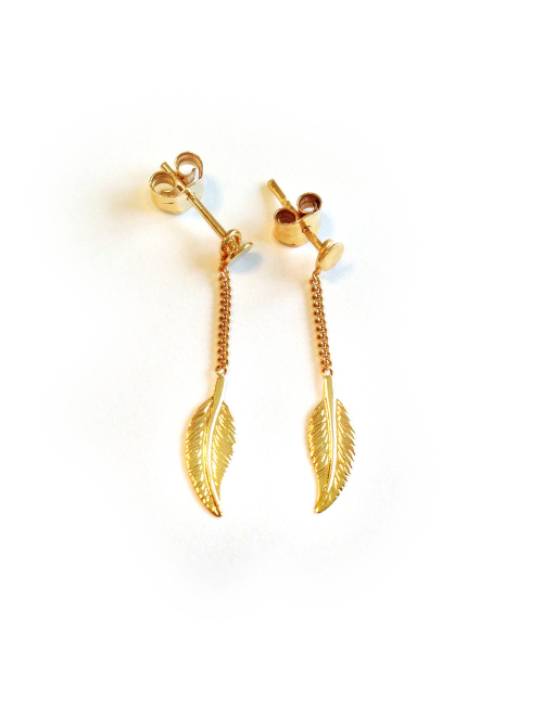 Boucles d'oreilles plume précieuse suspendue - Or Jaune ou Or Blanc 375 millièmes (9 Carats)