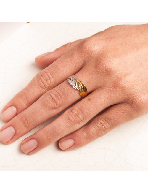 Bague grande double plume d'or - Or Bicolore 375 millièmes (9 carats)
