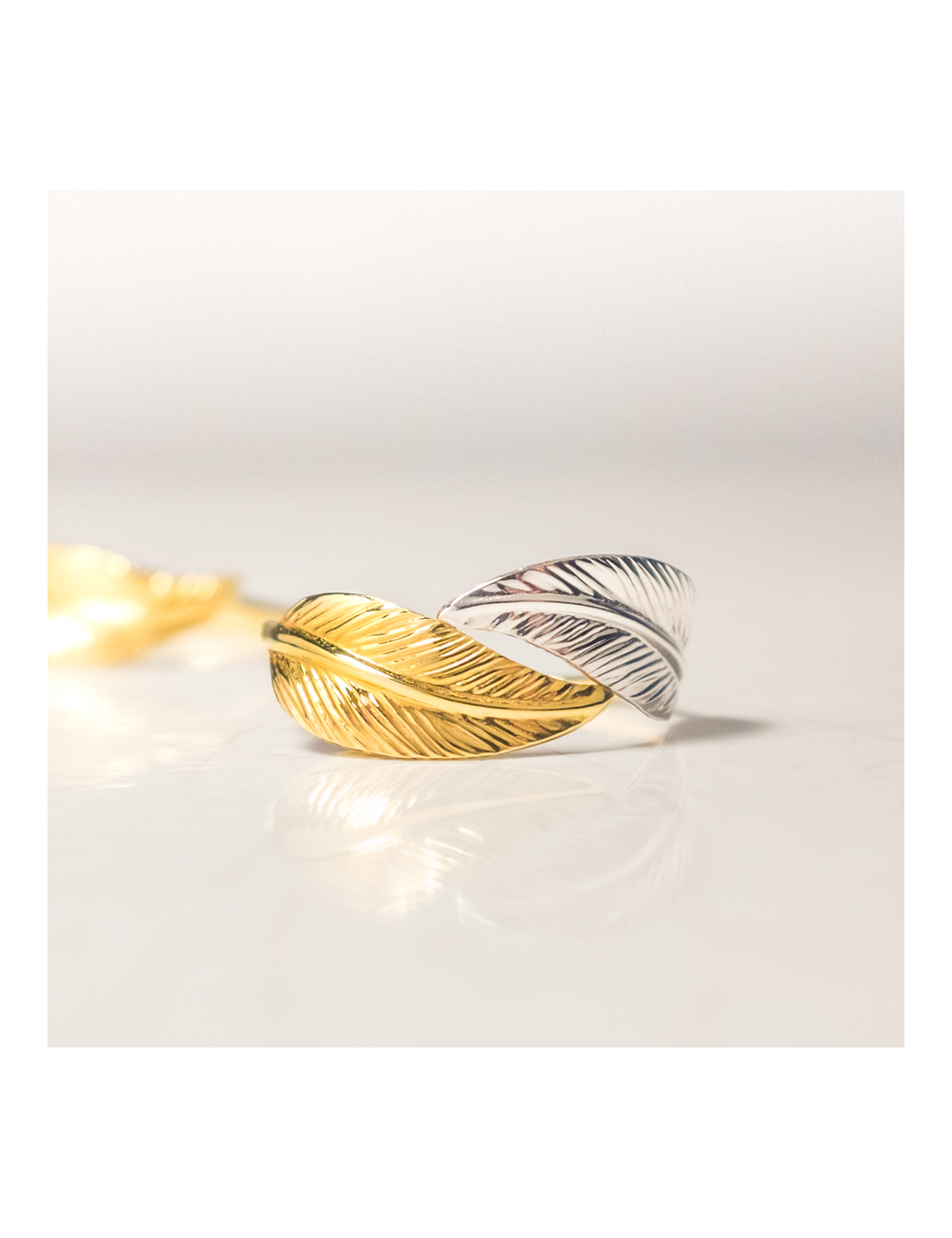 Bague grande double plume d'or - Or Bicolore 375 millièmes (9 carats)