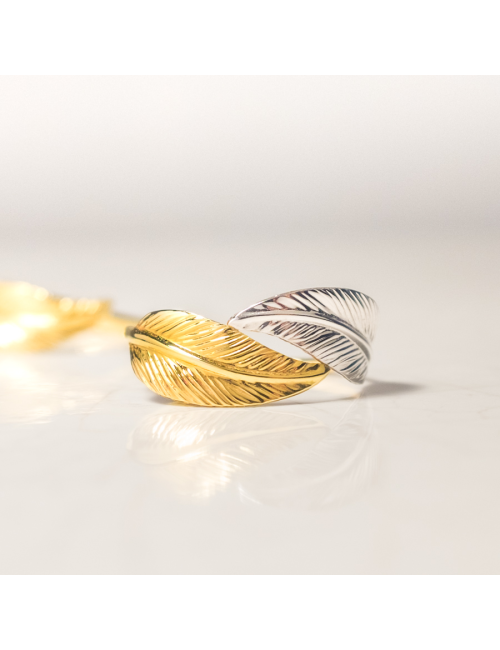 Bague grande double plume d'or - Or Bicolore 375 millièmes (9 carats)