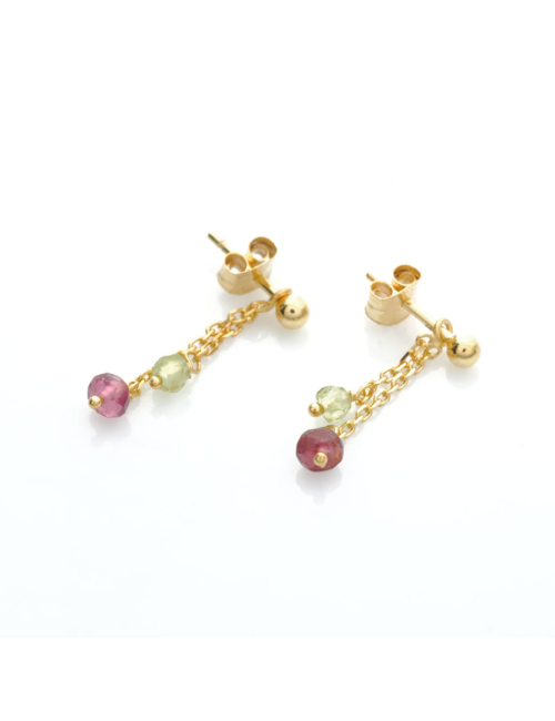 Boucles d'oreilles enfant 2 pendants tourmaline rose et péridot en Or jaune ou en Or blanc 9 carats