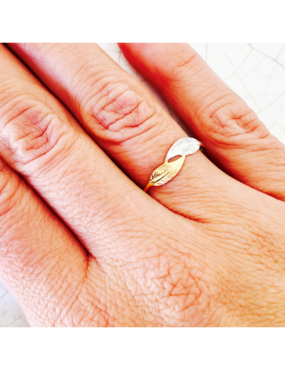 Bague petite double plume d'or - Or Bicolore 375 millièmes (9 carats)