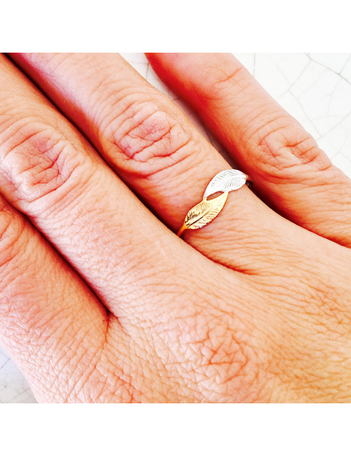 Bague petite double plume d'or - Or Bicolore 375 millièmes (9 carats)