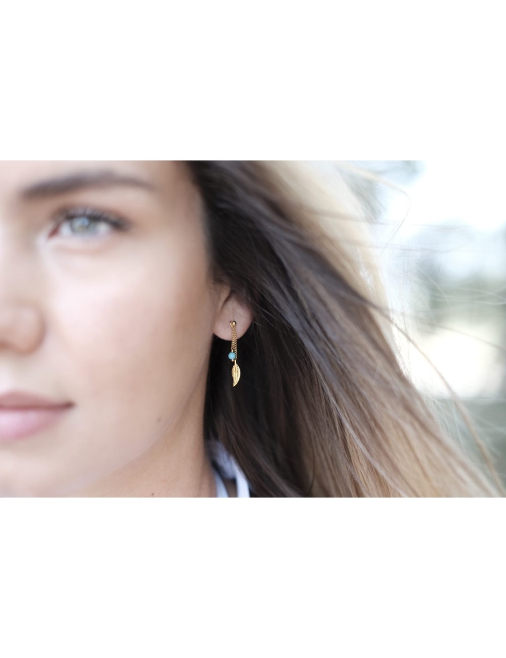 Boucles d'oreilles plume dorée et turquoise - Or Jaune ou Or Blanc 375 millièmes (9 Carats)