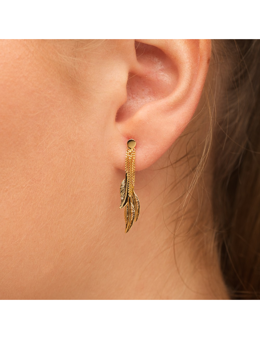 Boucles d'oreilles enfants 3 plumes pendantes en Or jaune ou Or blanc 9 carats