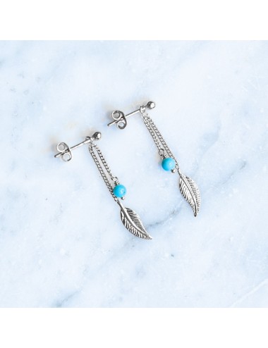 Boucles d'oreilles plume dorée et turquoise - Or Jaune ou Or Blanc 375 millièmes (9 Carats)
