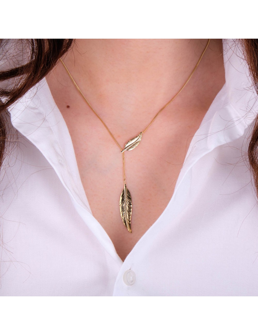 Collier double plume en Y - Or Jaune ou Or Blanc 375 millièmes (9 Carats)