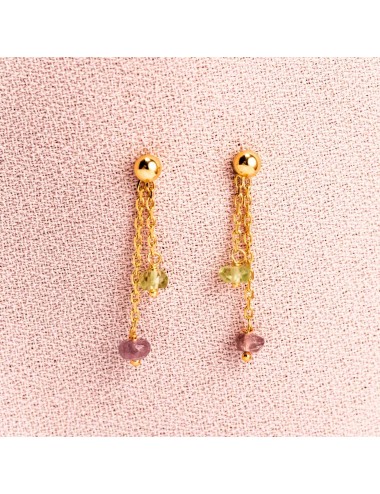 Boucles d'oreilles enfant 2 pendants tourmaline rose et péridot en Or jaune ou en Or blanc 9 carats