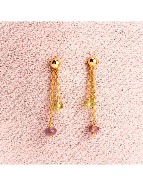 Boucles d'oreilles enfant 2 pendants tourmaline rose et péridot en Or jaune ou en Or blanc 9 carats