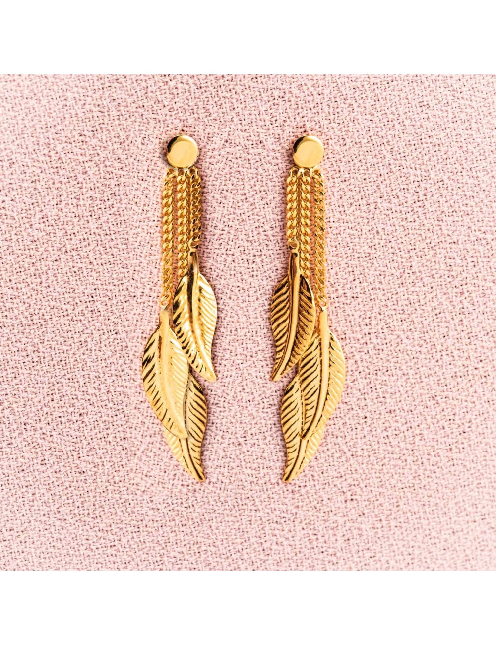 Boucles d'oreilles enfants 3 plumes pendantes en Or jaune ou Or blanc 9 carats