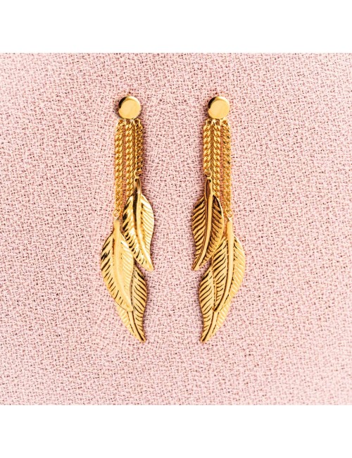 Boucles d'oreilles enfants 3 plumes pendantes en Or jaune ou Or blanc 9 carats
