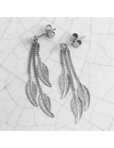 Boucles d'oreilles enfants 3 plumes pendantes en Or jaune ou Or blanc 9 carats