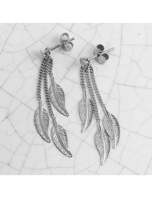 Boucles d'oreilles enfants 3 plumes pendantes en Or jaune ou Or blanc 9 carats