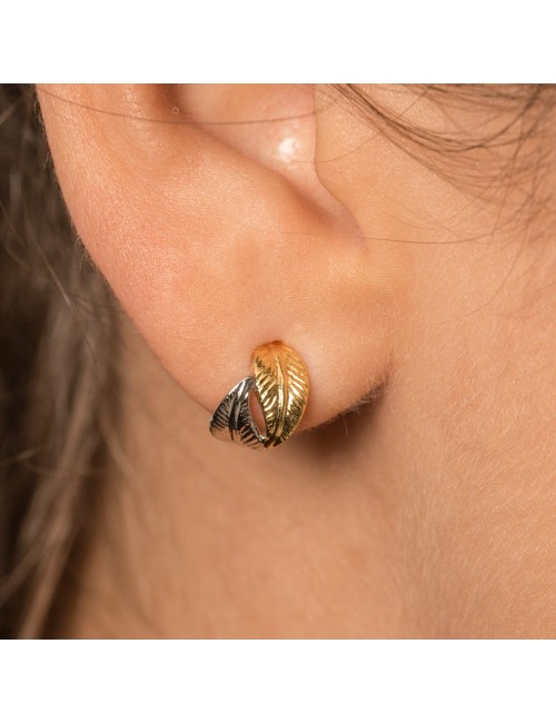 Boucles d'oreilles pour enfant ou bébé créoles en Or bicolore 9 carats deux plumes petit modèle