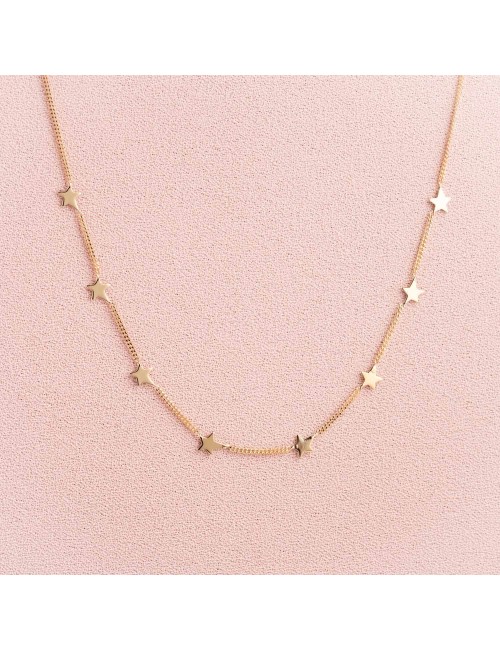 Collier pour enfant ou bébé huit étoiles asymétriques en or reliées par une chaîne, en Or jaune ou Or blanc 9 carats