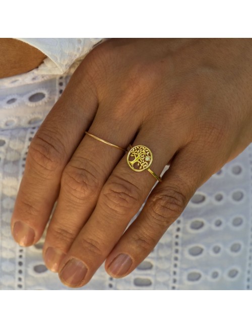 Bague l'arbre de vie dorée et son diamant de laboratoire - Or Jaune ou Or Blanc 375 millièmes (9 Carats)