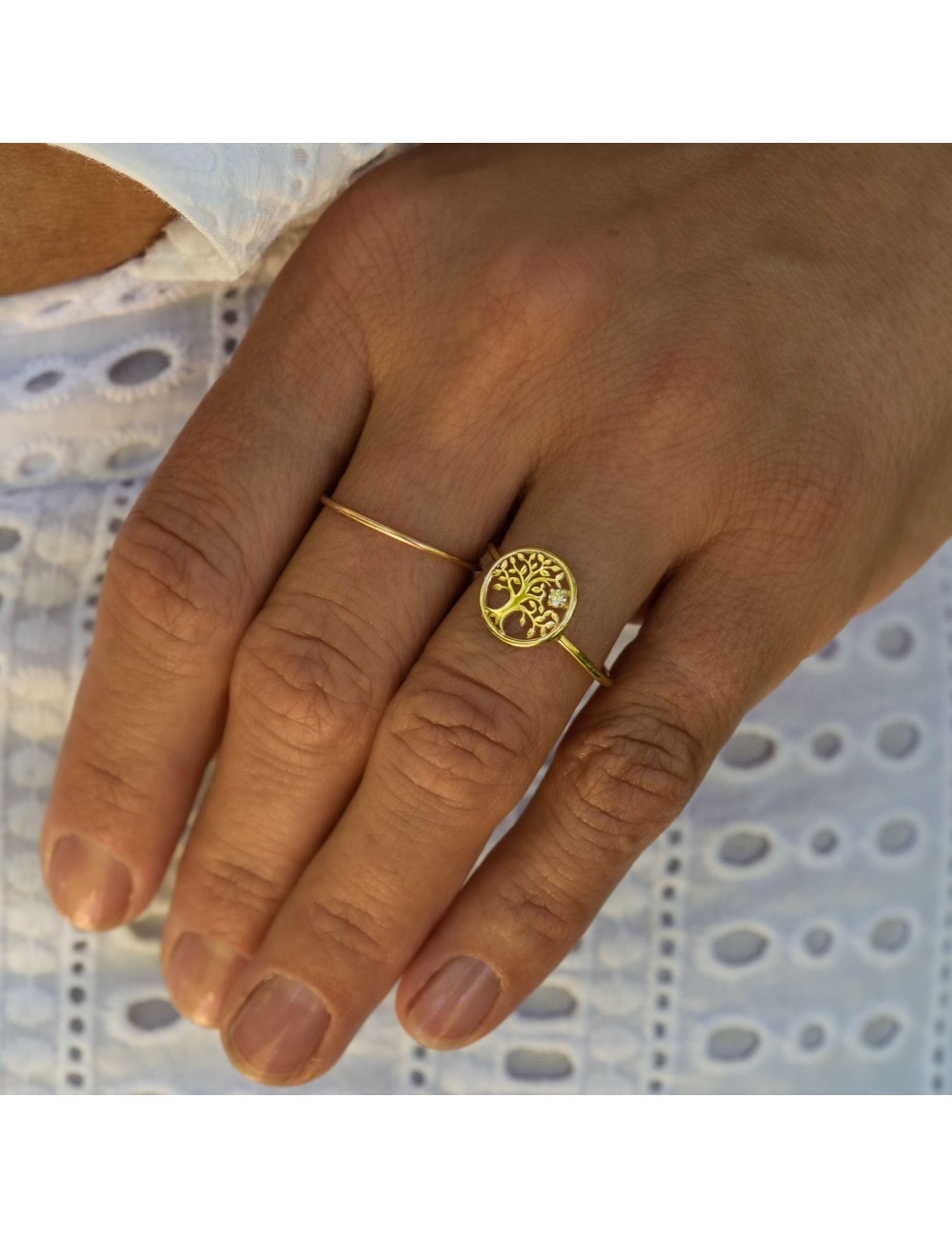 Bague l'arbre de vie dorée et son diamant de 0,03 carats - Or Jaune 750 millièmes (18 Carats)