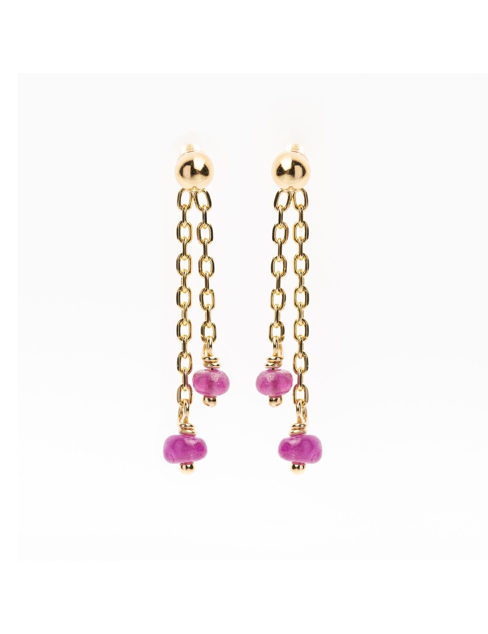 Boucles d'oreilles 2 pendants ornées de rubis - Or jaune 750 millièmes (18 carats)