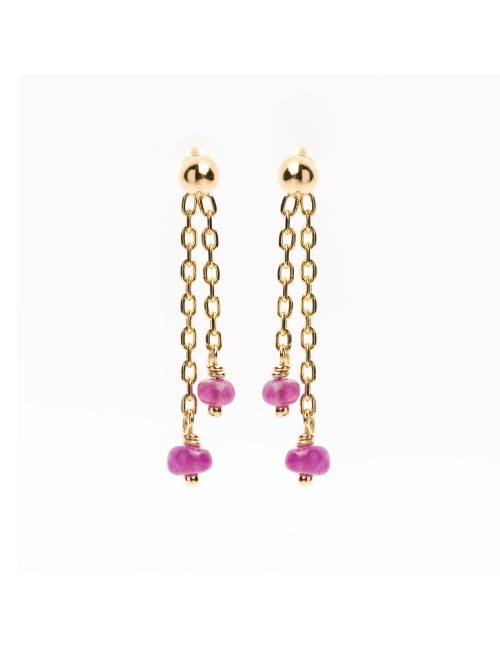 Boucles d'oreilles 2 pendants ornées de rubis - Or jaune 750 millièmes (18 carats)