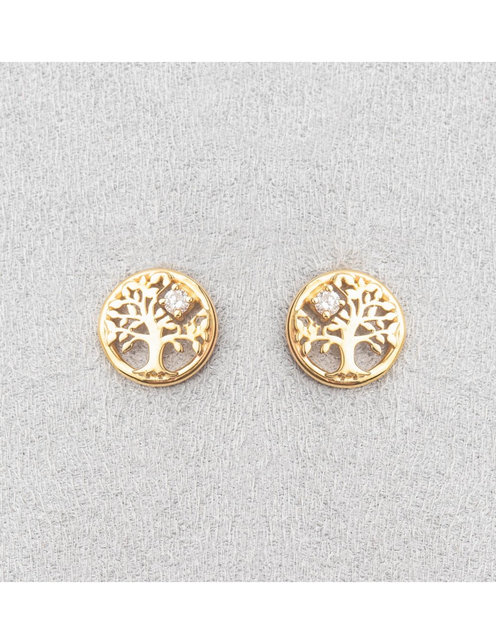 Boucles d'oreilles arbre de vie doré et son diamant de laboratoire - Or Jaune ou Or Blanc 375 millièmes (9 Carats)