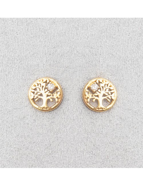 Boucles d'oreilles arbre de vie doré et son diamant de laboratoire - Or Jaune ou Or Blanc 375 millièmes (9 Carats)