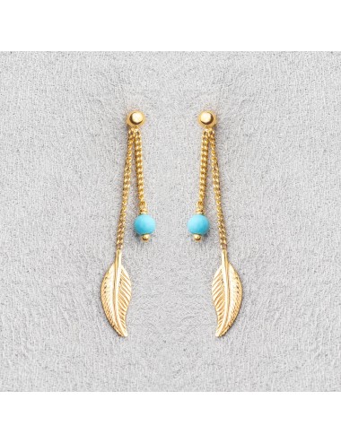 Boucles d'oreilles plume dorée et turquoise - Or Jaune ou Or Blanc 375 millièmes (9 Carats)