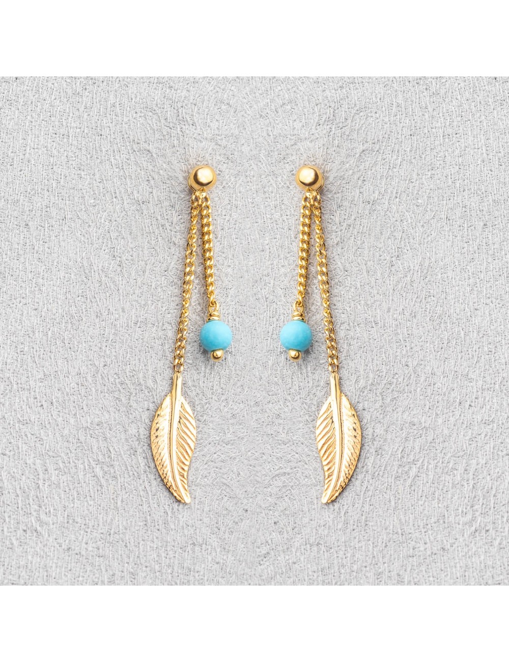Boucles d'oreilles plume dorée et turquoise - Or Jaune ou Or Blanc 375 millièmes (9 Carats)