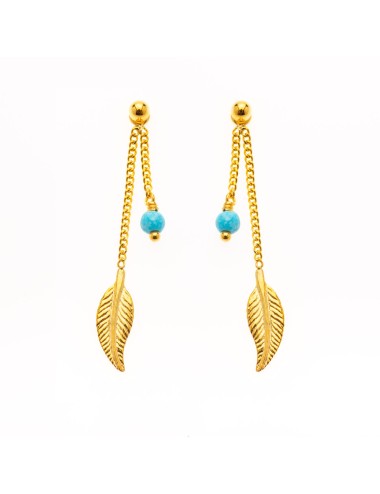 Boucles d'oreilles plume dorée et turquoise - Or Jaune ou Or Blanc 375 millièmes (9 Carats)