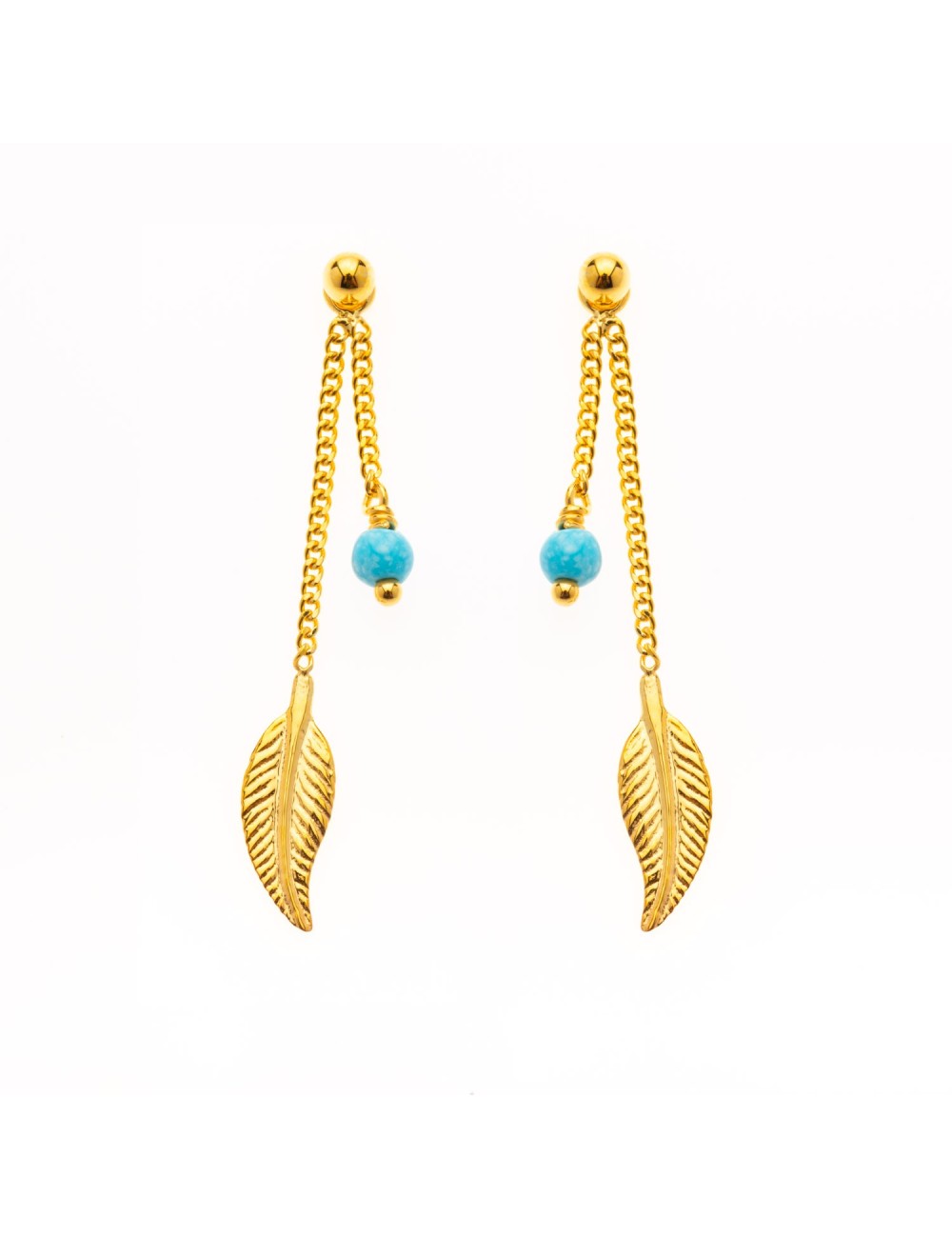 Boucles d'oreilles plume dorée et turquoise - Or Jaune ou Or Blanc 375 millièmes (9 Carats)