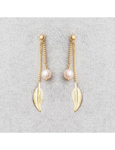 Boucles d’oreilles plume dorée et perle d’eau douce - Or Jaune ou Or Blanc 375 millièmes (9 Carats)