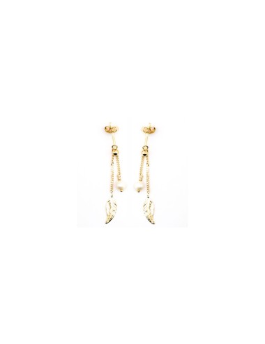 Boucles d’oreilles plume dorée et perle d’eau douce - Or Jaune ou Or Blanc 375 millièmes (9 Carats)