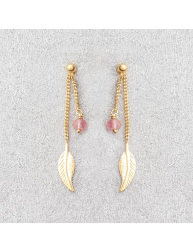 Boucles d’oreilles plume dorée et éclat de tourmaline rose - Or Jaune ou Or Blanc 375 millièmes (9 Carats)