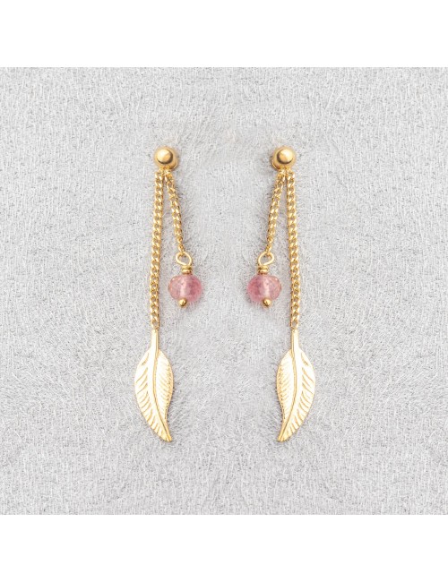 Boucles d’oreilles plume dorée et éclat de tourmaline rose - Or Jaune ou Or Blanc 375 millièmes (9 Carats)