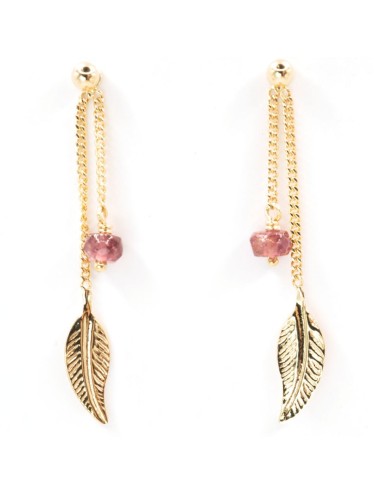 Boucles d’oreilles plume dorée et éclat de tourmaline rose - Or Jaune ou Or Blanc 375 millièmes (9 Carats)