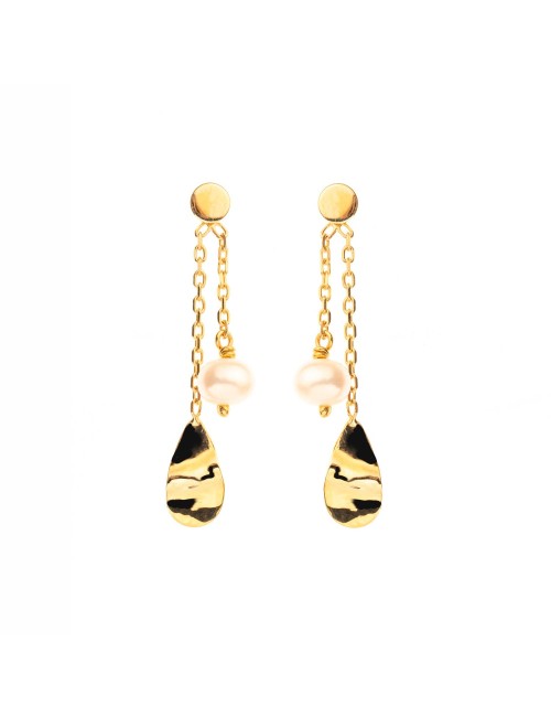 Boucles d’oreilles la goutte froissée et sa perle d'eau douce - Or Jaune ou Or Blanc 375 millièmes  (9 Carats)