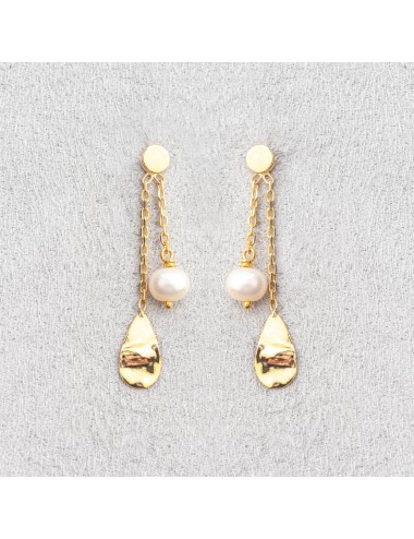 Boucles d’oreilles la goutte froissée et sa perle d'eau douce - Or Jaune ou Or Blanc 375 millièmes  (9 Carats)
