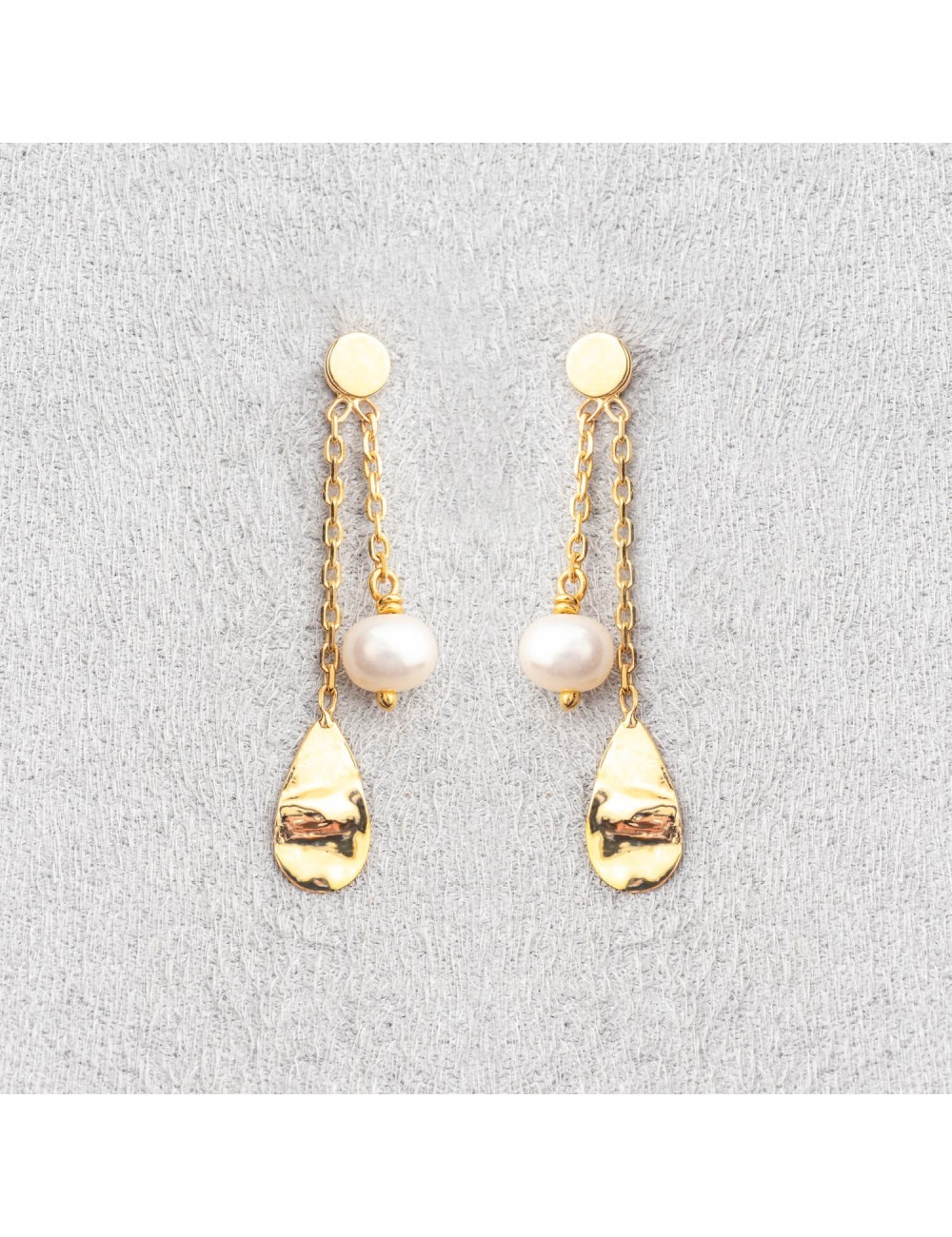 Boucles d’oreilles la goutte froissée et sa perle d'eau douce - Or Jaune ou Or Blanc 375 millièmes  (9 Carats)