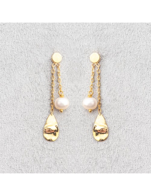 Boucles d’oreilles la goutte froissée et sa perle d'eau douce - Or Jaune ou Or Blanc 375 millièmes  (9 Carats)