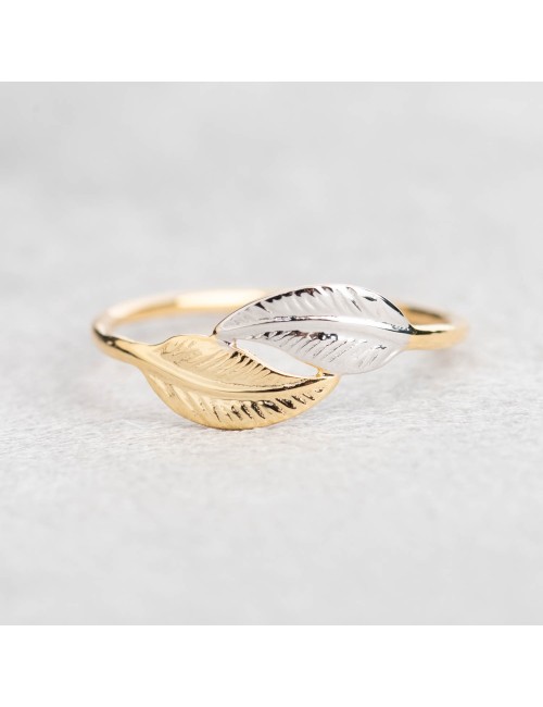 Bague petite double plume d'or - Or Bicolore 375 millièmes (9 carats)