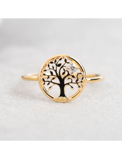 Bague l'arbre de vie dorée et son diamant de laboratoire - Or Jaune ou Or Blanc 375 millièmes (9 Carats)