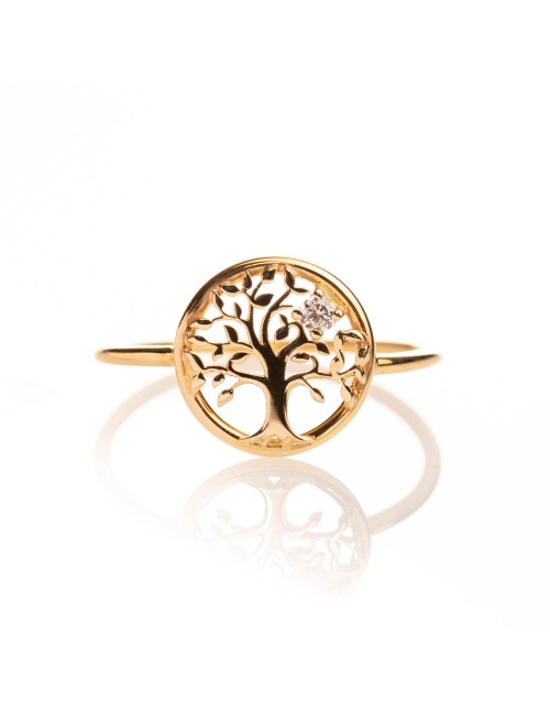 Bague l'arbre de vie dorée et son diamant de laboratoire - Or Jaune ou Or Blanc 375 millièmes (9 Carats)