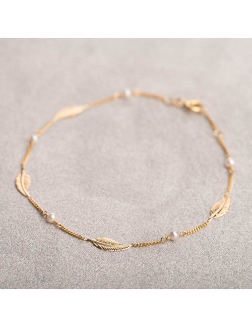 Bracelet petites plumes d'or et perles d'eau douce - Or Jaune ou Or Blanc 375 millièmes (9 Carats)