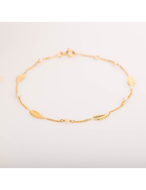 Bracelet petites plumes d'or et perles d'eau douce - Or Jaune 18 Carats
