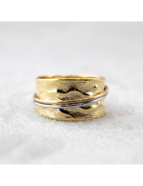 Bague froissée satinée grand modèle - Or jaune et blanc 375 millièmes et Or rose 750 millièmes
