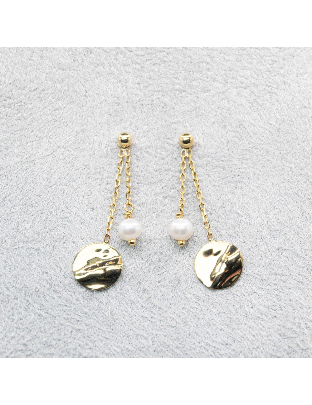 Boucles d’oreilles duo perle et rond froissé - Or jaune ou blanc 375 millièmes (9 carats)