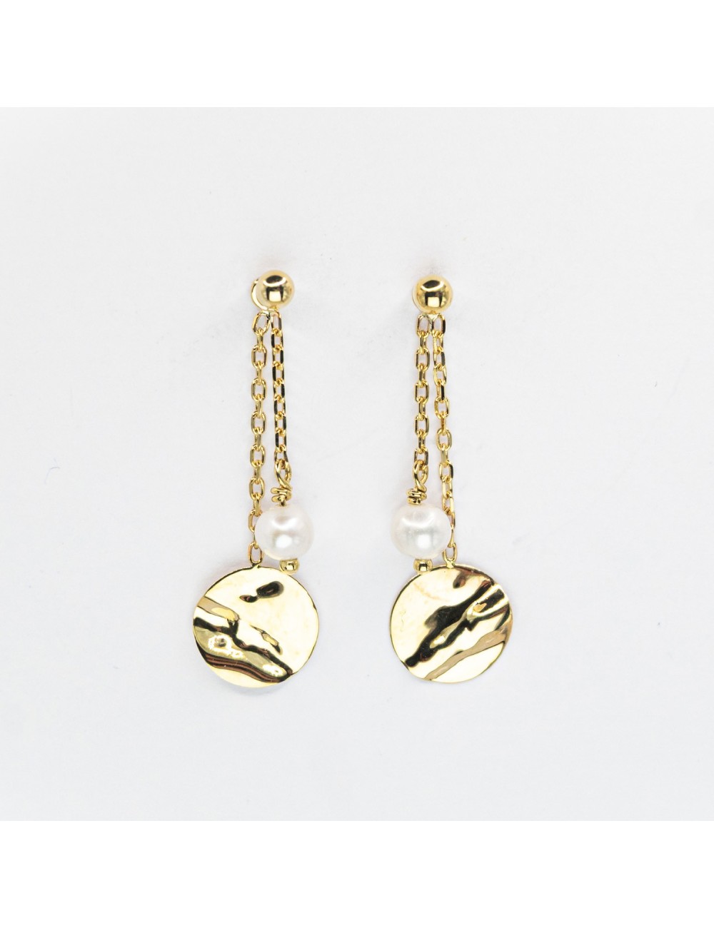 Boucles d’oreilles duo perle et rond froissé - Or jaune ou blanc 375 millièmes (9 carats)