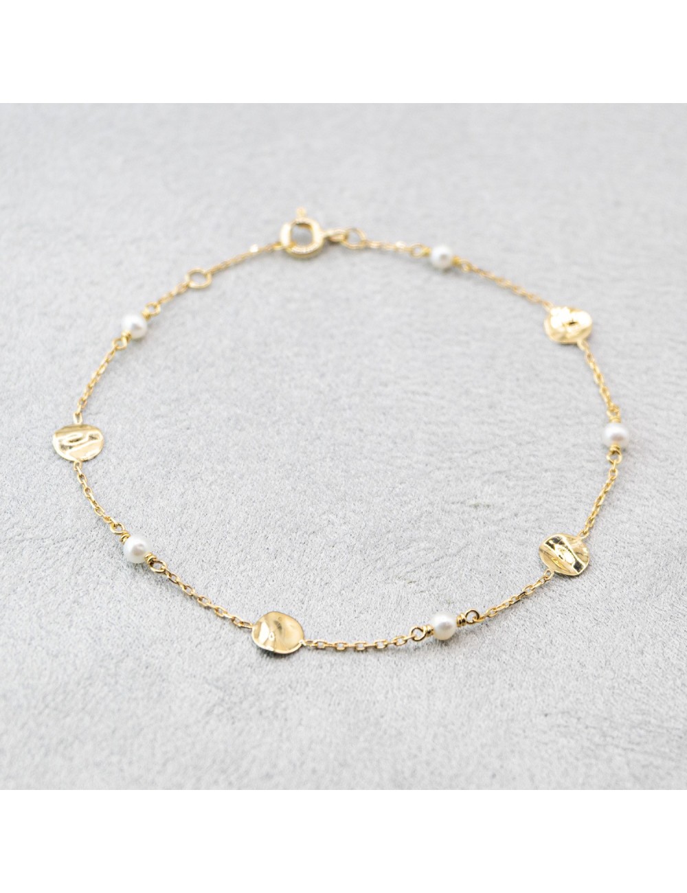Bracelet petites perles et petit ronds froissés - Or jaune ou blanc 375 millièmes (9 carats)