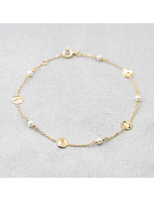 Bracelet petites perles et petit ronds froissés - Or jaune ou blanc 375 millièmes (9 carats)