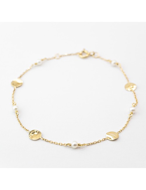 Bracelet petites perles et petit ronds froissés - Or jaune ou blanc 375 millièmes (9 carats)