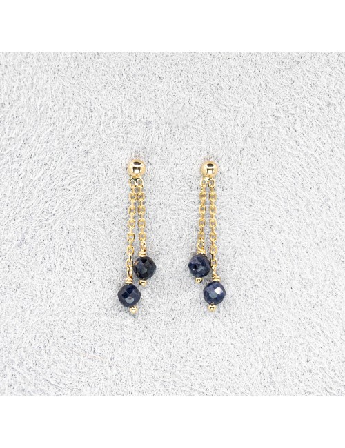 Boucles d’oreilles double saphirs en suspension - Or jaune 750 millièmes (18 carats)